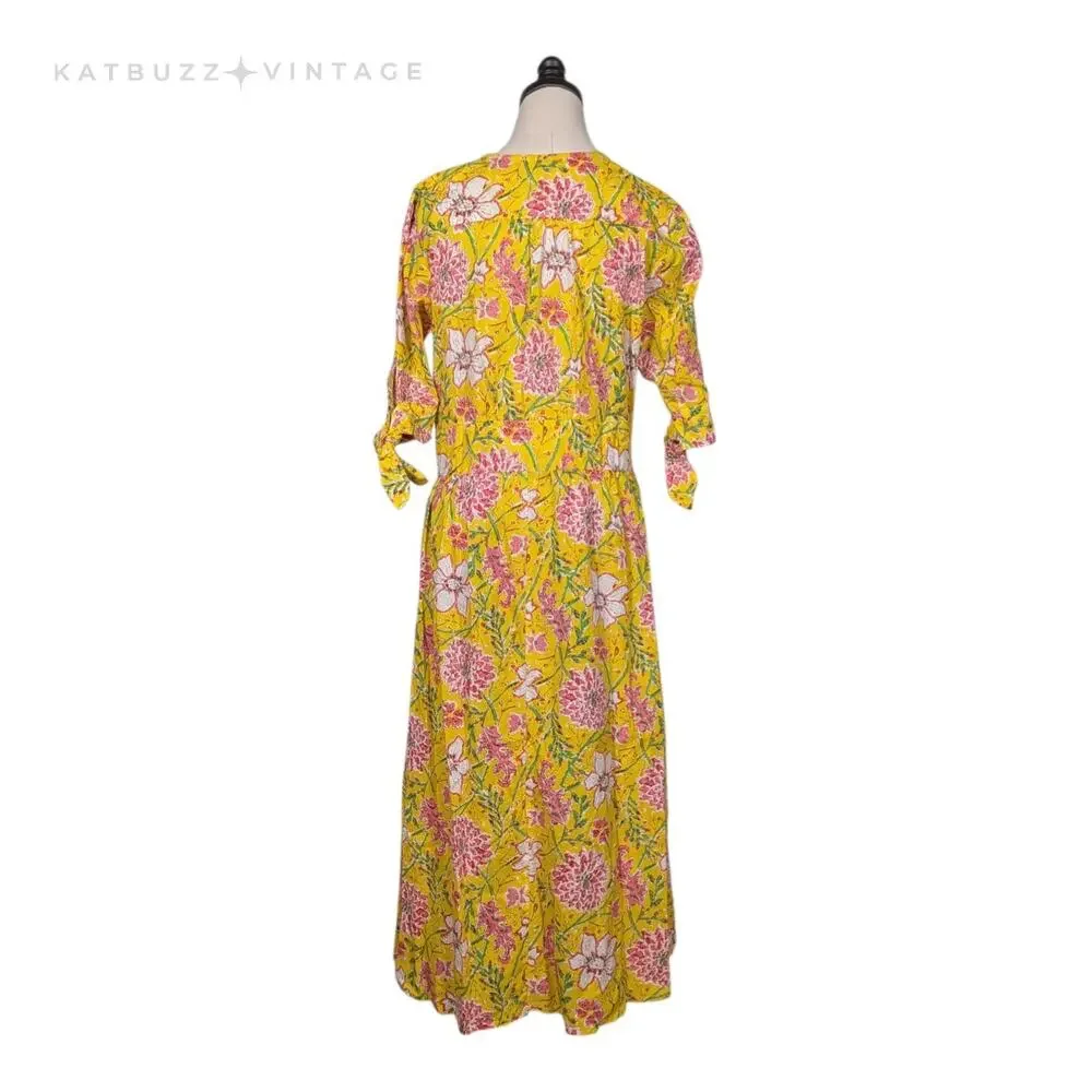Floral Midi Shirt Dress S Yellow Pink Cotton India Sleeves Summer Church Empire